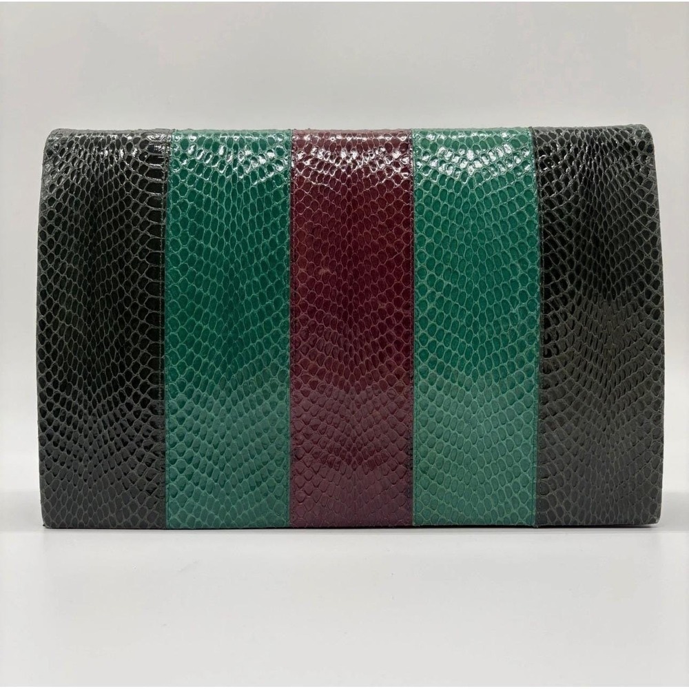 Vintage YSL Yves Saint Laurent Snakeskin Stripe Clutch Bag Green Burgundy 1970s - Picture 1 of 14